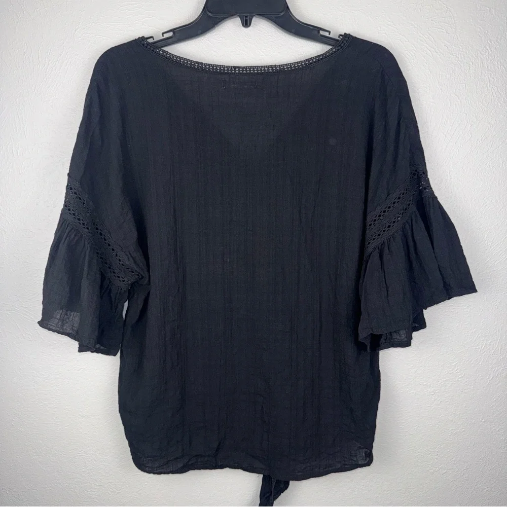 MAX STUDIO‎ L Black Knot Front Top Shirt 3/4 Flared Sleeve Boho Peasant Casual